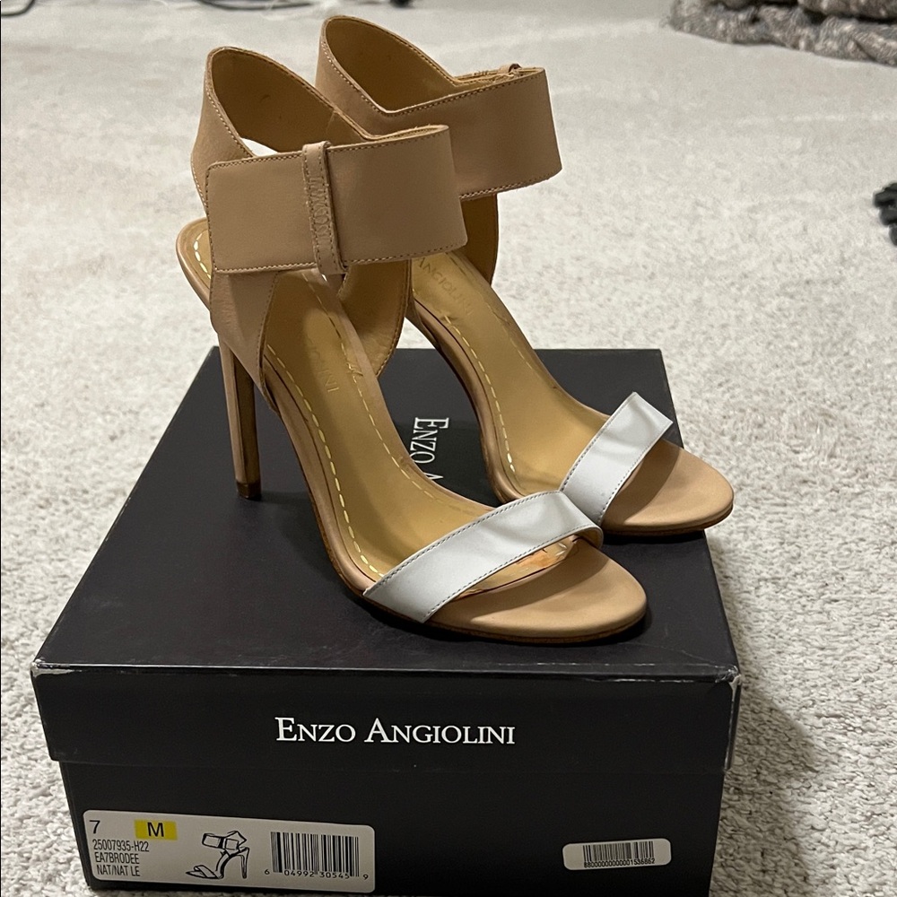 Enzo Angiolini Brodee Tan and White Heeled Sandals